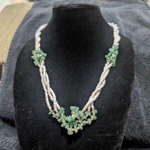 Vintage White Seed Bead Necklace w/ Green Stone Chip Accents | Boho Beaded...